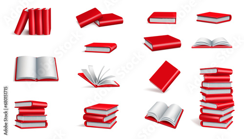 3d books. Open education icons, school dictionary, realistic library read mockup, pile and stack, white empty pages and red covers, notebooks render elements vector cartoon isolated set