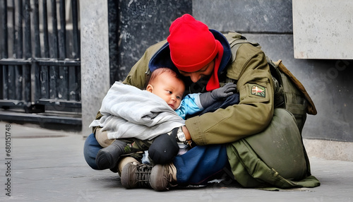 Homeless baby in soldier arms, war free soldier, baby boy, childhood, outdoor, child