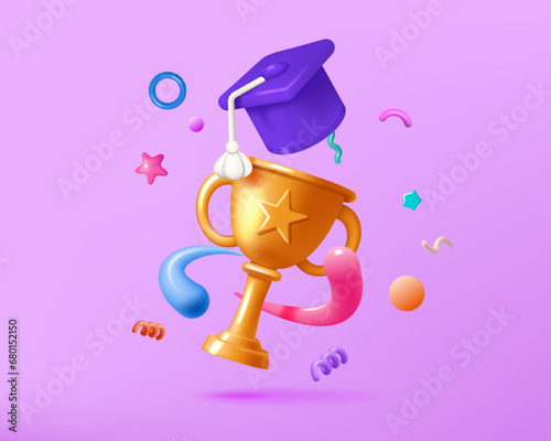 3D education. School study graduate. Student with bachelor cap or award. Graduation hat. Render gold goblet. Academic achievement. Knowledge and wisdom. University winner vector concept
