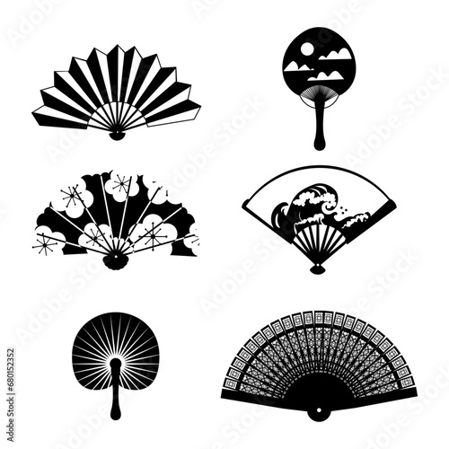Paper fan. Black silhouettes with ethnic floral and marine patterns. Chinese or Japanese traditional geisha attribute, isolated elements. Beautiful asian ornament. Vector isolated set