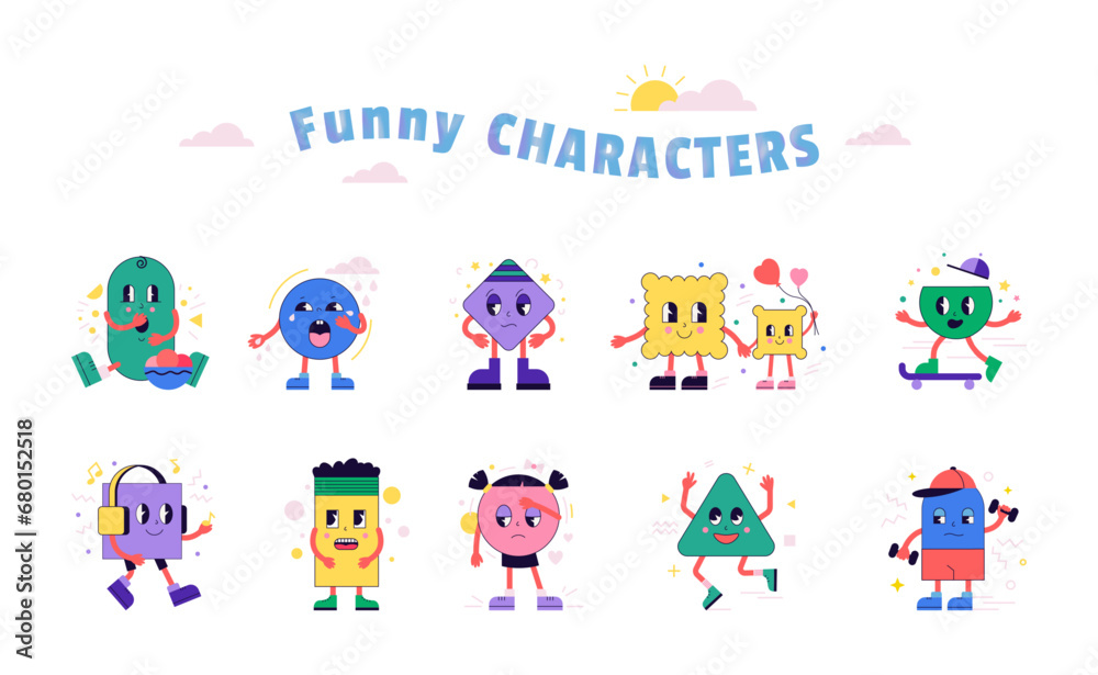 Mascot expressions. Cute children design. Kids emotions. Retro geometric characters. Smiling face. Boy on skateboard. Girl listens to music. Emoticons set. Vector cartoon illustration Mascot expressions. Cute children design. Kids emotions. Retro geometric characters. Smiling face. Boy on skateboard. Girl listens to music. Emoticons set. Vector cartoon illustration