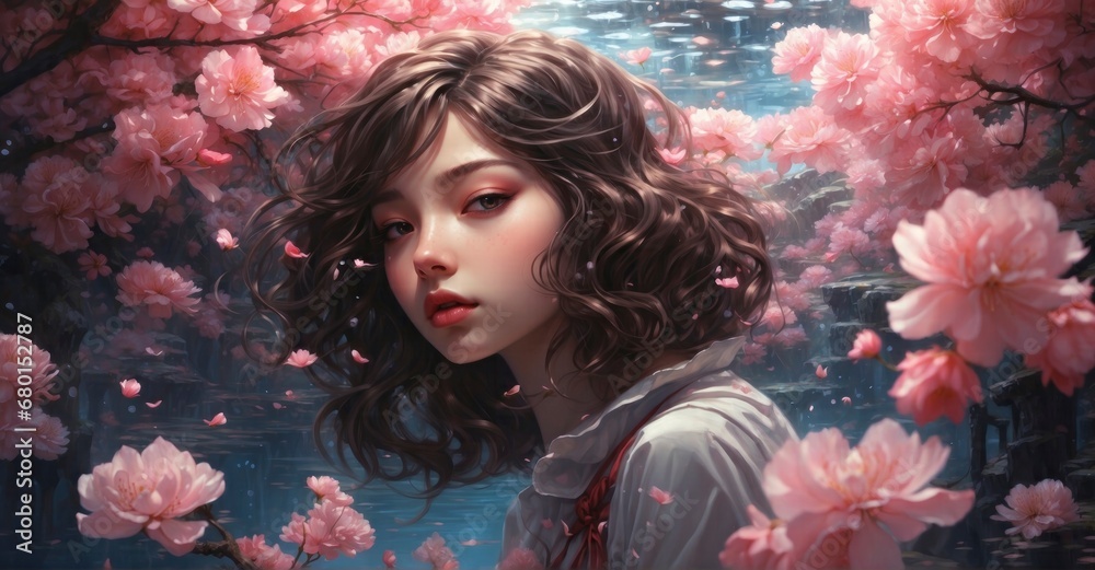 Picture-perfect representation of psychedelia and harmony with an underwater setting, where a girl is enveloped by the enchanting presence of cherry blossoms.