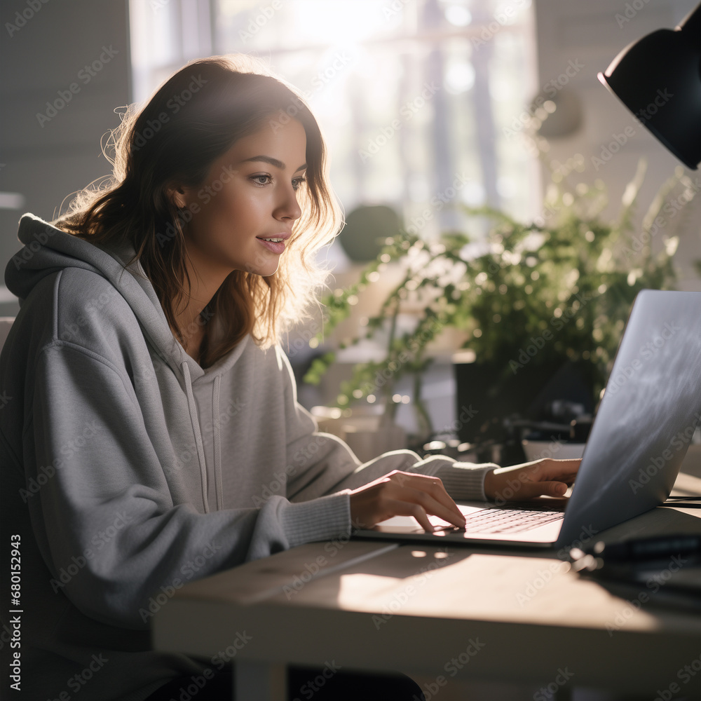 A woman sits and works with a laptop next to a window that shines in light. A woman sits and works with a laptop next to a window that shines in light.
