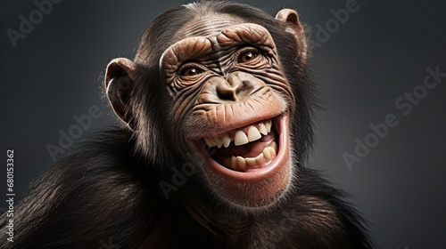 Close-up photo of a joyful young chimp with a funny grin, with text space. © Nazia