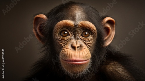 A close-up image of a chimp offspring making eye contact.