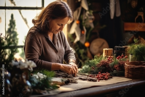 Mature woman crafting Christmas decorations at cottage home.