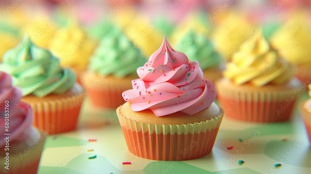 Delicious birthday cupcakes wallpaper. 3d render illustration style. Classic muffins with a swirl of whipped cream custard. Banner for pastry shop.