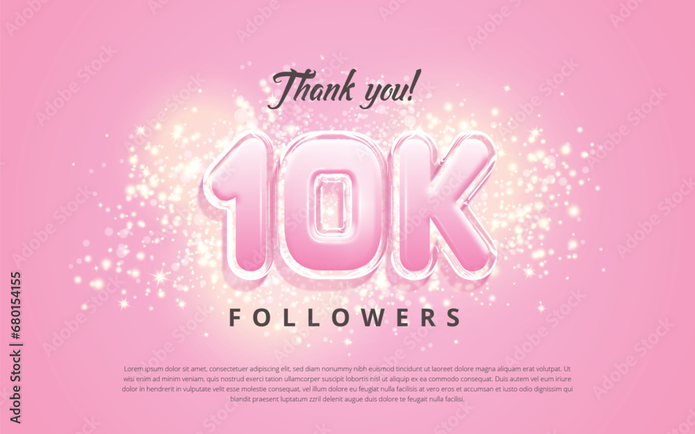 Thank you 10k followers social media template design vector on pretty pink color background with shiny glitter