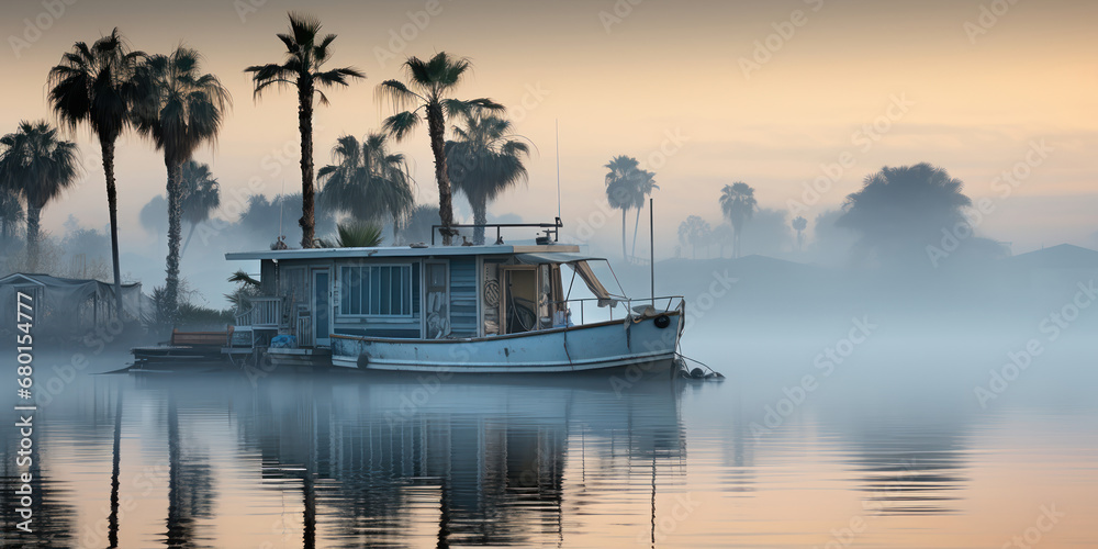 Cozy houseboat on the water, close to a solitary palm tree - obrazy, fototapety, plakaty 