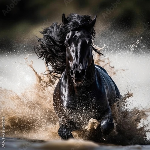Black stallion running amidst shallow water © PixelPrompt