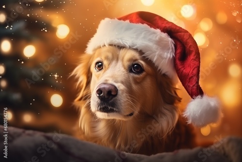 a cute dog wearing a santa claus hat smiling for their christmas morning photo