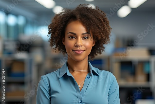 smiling young african woman standing in office