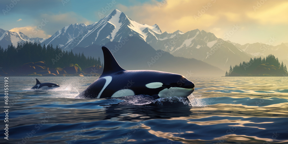 Orcas swimming in the sea with mountainous backdrop - obrazy, fototapety, plakaty 