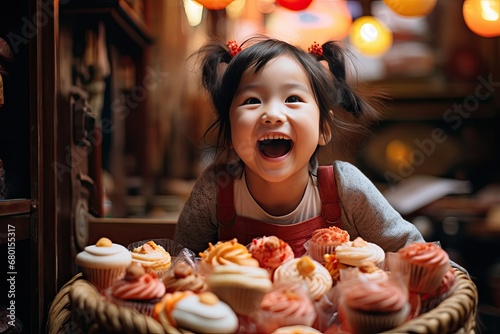 little asian girl in japan looks at a basket of assorted cupcakes