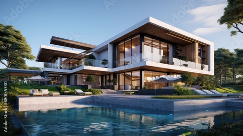 3d rendering of modern house by the river at morning, house, luxury, villa, modern, architecture, building, exterior, residential, property, designer © pinkrabbit