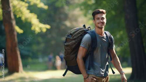 Handsome student man with backpack and books outdoor. Smile boy happy carrying a lot of book in college campus. Portrait male on international University. Education, study, school