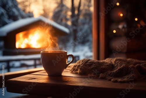 Cup of coffee on a table in the winter background. photo