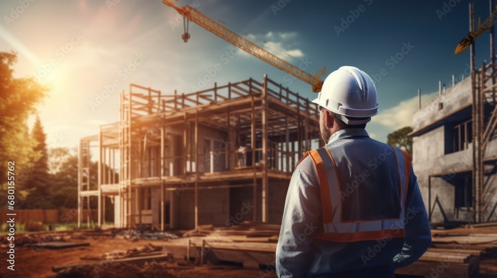 inspector or engineer is inspecting construction and quality assurance new house. Engineers or architects or contactor work to build the house before handing, generate by AI