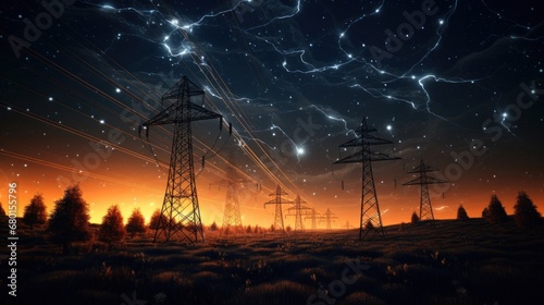 Electricity transmission towers with orange glowing wires the starry night sky. Energy infrastructure concept, energy, electricity, voltage, supply, pylon, technology.