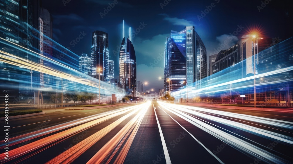 Light trails on the modern building background. Light trails at night in urban environment, Abstract Motion Blur City, traffic, transportation, street, road, speed