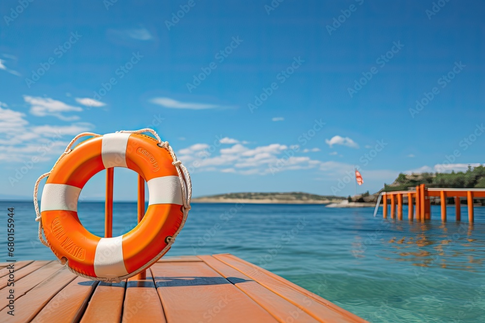 orange life preserver resting on a pier over the water