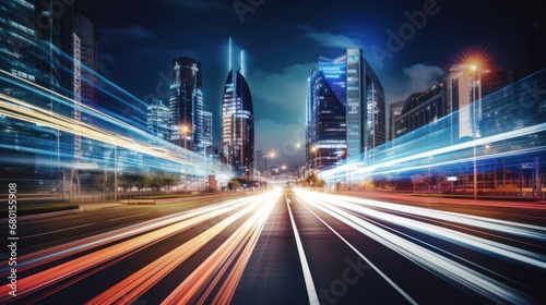 Light trails on the modern building background. Light trails at night in urban environment  Abstract Motion Blur City  traffic  transportation  street  road  speed