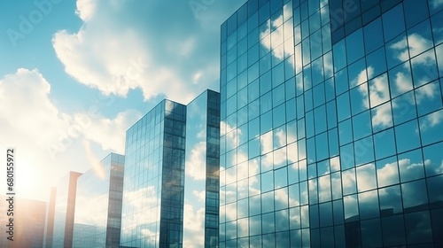 office building or business center. High-rise window buildings made of glass reflect the clouds and the sunlight. empty street outside  wall modernity civilization. growing up business