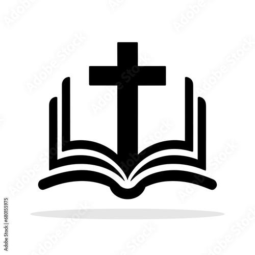 Bible with Christian cross icon. Black religious symbol. Christian church symbol.