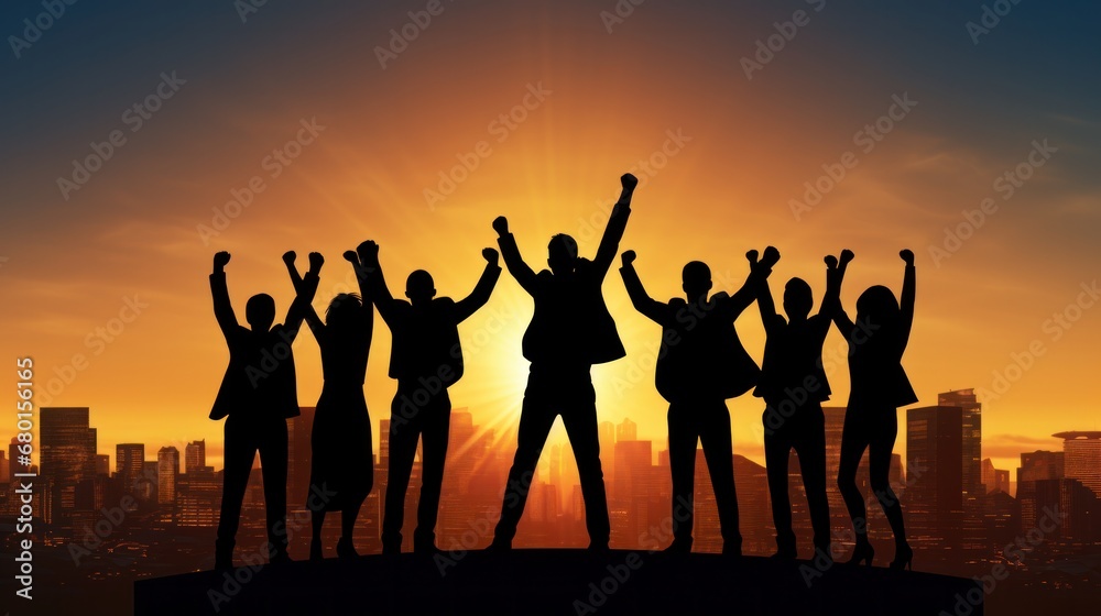 Silhouette of business team stand and feel happy on the most hight at stand on sunset, success, leader, teamwork, target, Aim, confident, achievement, goal, on plan, finish, generate by AI Silhouette of business team stand and feel happy on the most hight at stand on sunset, success, leader, teamwork, target, Aim, confident, achievement, goal, on plan, finish, generate by AI