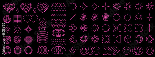 Fototapeta Naklejka Na Ścianę i Meble -  Geometry wireframe shapes and grids, 3D hearts, cyberpunk abstract elements set in trendy psychedelic rave 00s style. Collection of graphic vector neon pink  Y2k retro futuristic aesthetic.