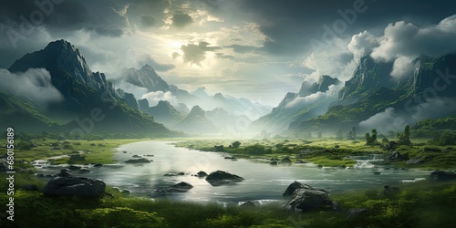 clouds floating over a mountain valley on a misty day © Photo And Art Panda