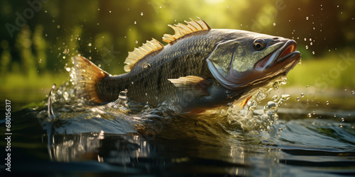 Water splashing as a bass fish jumps in a pond