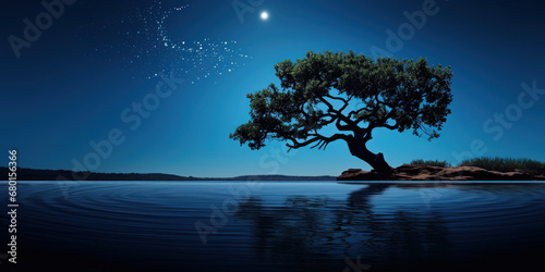 Serene pool reflecting a tree s silhouette under the moonlight