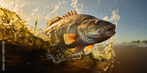 Bass leaping out of the water in a pond photo