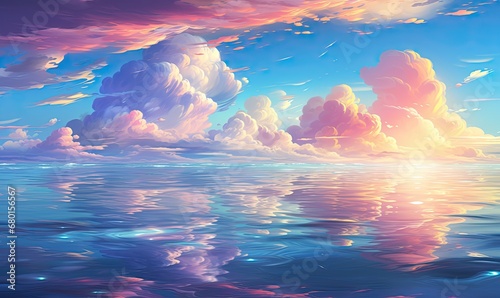 Pink clouds sea water and sky