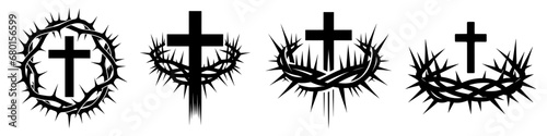 Christian cross with crown of thorns icon. Set of black silhouettes of a Christian symbols