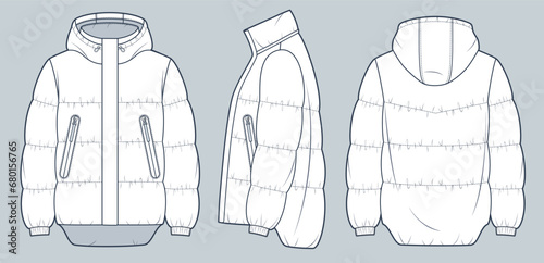 Puffer Jacket technical fashion Illustration. Hooded down Jacket, Coat fashion flat technical drawing template, pockets, front, side and back view, white, women, men, unisex Outerwear CAD mockup set.