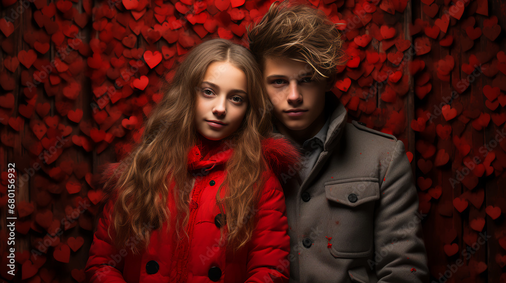 Young couple posed in front of Valentine’s Day background - heart - romance - cute - celebration - dance - stylish 