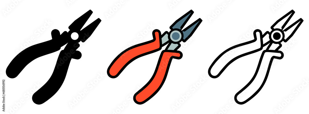 Pliers icons set. Image of pliers in various styles. Professional tool icon. Pliers icons set. Image of pliers in various styles. Professional tool icon.