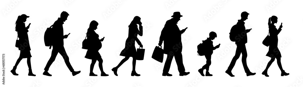 People walking with a mobile phone, people with smartphone silhouette, man walking looking at cell phone silhouette - obrazy, fototapety, plakaty 