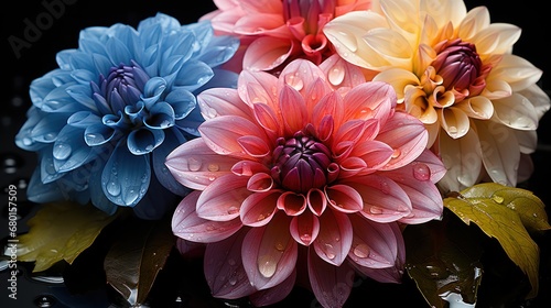 beautiful chrysanthemum flowers with water drops on black background. Springtime Concept with Copy Space. Mothers Day Concept.