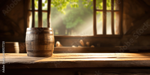 Wooden barrel placed on a table in a sunlit countryside barn