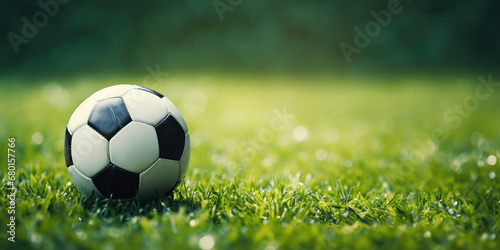 Soccer ball resting on the lush grass of a playing field