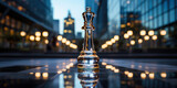 Single chess piece showcased under the city's bright lights