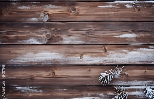 wooden christmas winetr holiday background with snow for greeting card decor photo