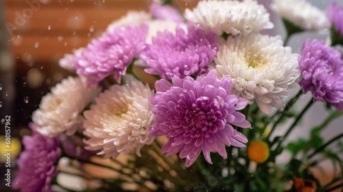 Purple and white chrysanthemums in a vase. Springtime Concept with Copy Space. Mothers Day Concept.