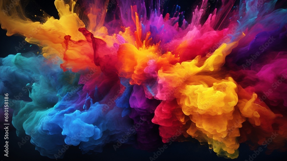 Holi is an eruption of rainbow-colored powder on a dark background. wallpaper in 3D explosion abstraction