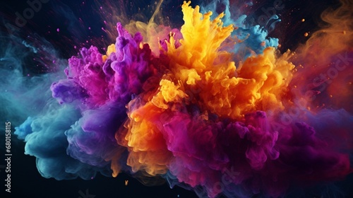 Holi is an eruption of rainbow-colored powder on a dark background. wallpaper in 3D explosion abstraction