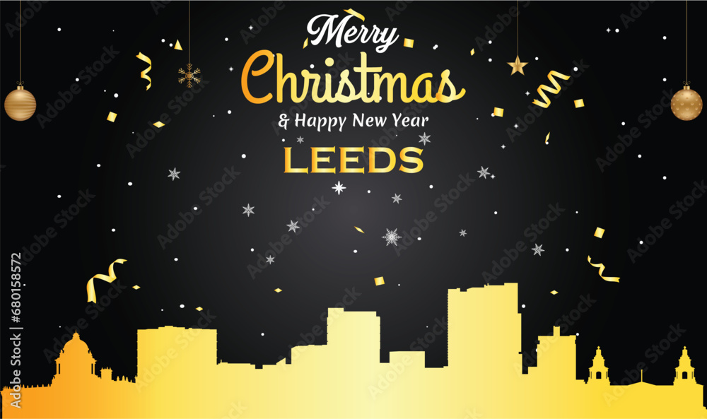 Christmas and New year black greeting card with golden panorama of the city of Leeds
