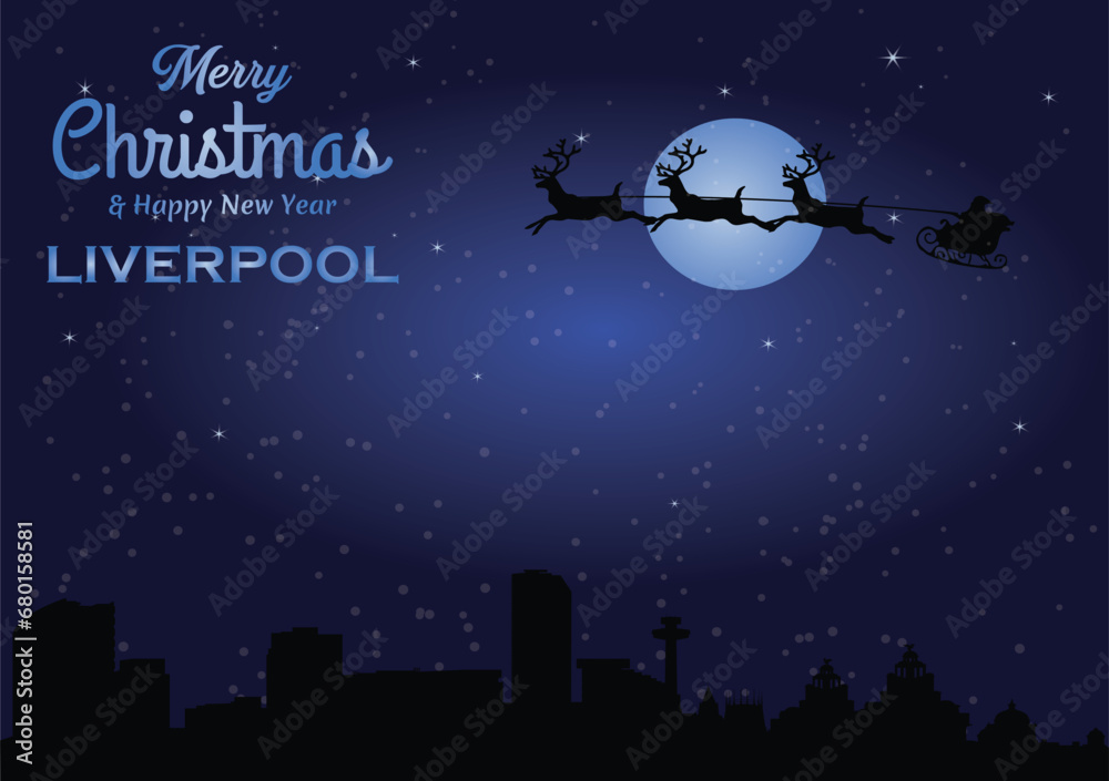 Christmas and New year dark blue greeting card with Santa Claus silhouette and black panorama of the city of Liverpool